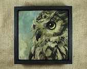 Original Painting Oehoe Owl / oil paint on wooden panel / handmade and unique bird painting / 15x15cm 6x6" / frame size: 18x18cm 7,2x7,2"