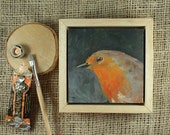 Robin original painting / oil paint on wooden panel / handmade and unique bird painting / 10x10cm, 4x4" / frame size: 12,5x12,5cm 5x5"