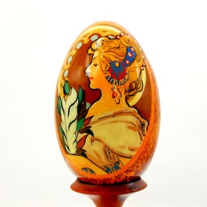 Easter eggs / Alphonse Mucha / Feather / Wooden / Egg with a Stand / Reproduction / Collectible piece / Handmade / Hand painted / Art gift
