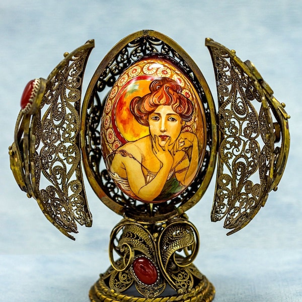 Style Faberge / Filigree easter egg / Silverplated copper / Egg handmade / Reproduction A.Mucha The jewels Topaz / Collectible piece