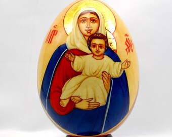 Orthodox wooden easter egg / LEUSHINSKAYA Mather of God / Collectible item / Oil paint / Art gift / 24k gold paint / Gold leaf/ Hand painted
