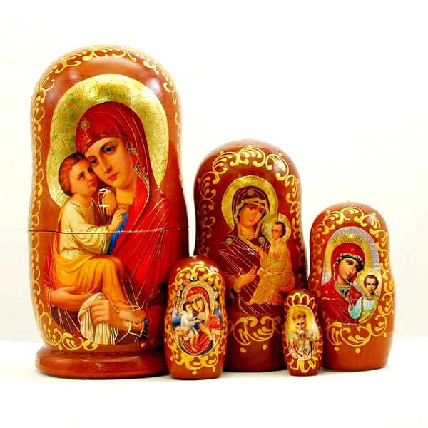 Russian religious doll / Virgin of Vladimir / A series of 5 different Icons / Gift / 5pcs/ For home decor / Full-color gold double embossing