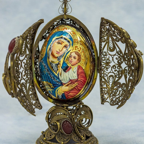 Korsun Icon of the Mother of God / Exclusive Easter Egg / Faberge / Filigree / Wooden Easter Egg / Silver-plated / Copper and Natural Stones