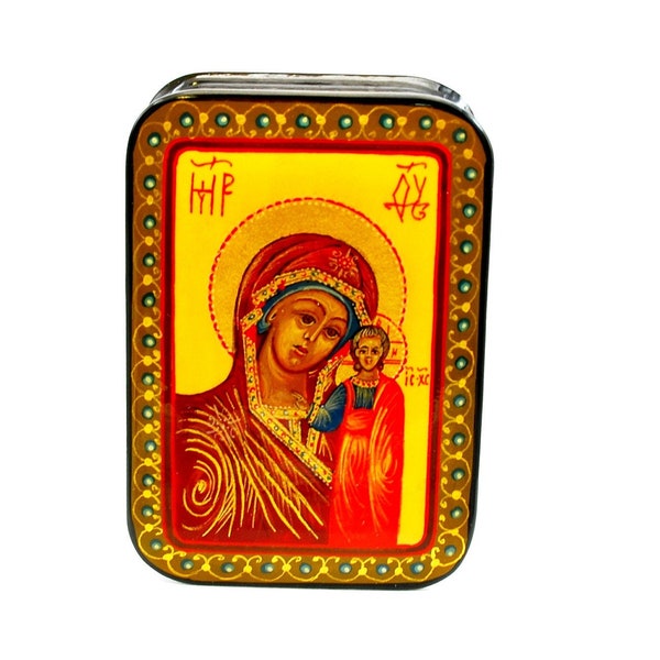 Lacguer religious box / Russian Orthodox icon / Mother of God,-Kazanskaya / Miniature painting / Collectible/ Jewelry box/ Hand painted/ Oil