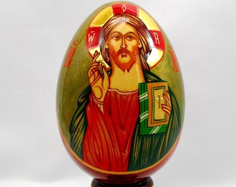 Orthodox wooden easter egg / Christ Almighty / Collectible item / Oil paint / Art gift / 24k gold paint / Gold leaf / Hand painted / Icons