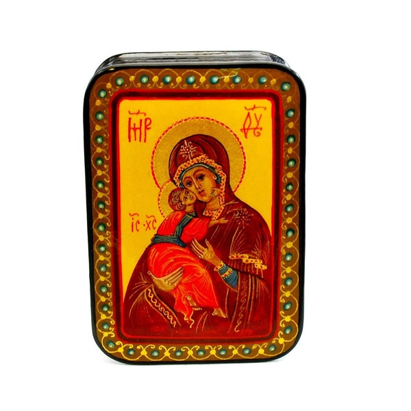 Lacguer religious box / Russian Orthodox icon / Mother of God,-Vladimirskaya / Miniature painting / Collectible / Jewelry box / Hand painted