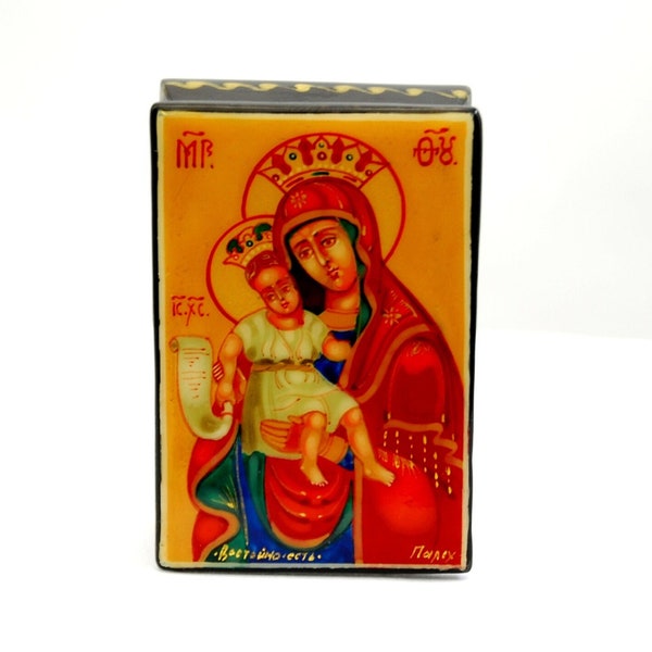 Lacguer religious box / Russian Orthodox icon / Mother of God / Miniature painting / Collectible piece / Jewelry box/ Hand painted/ Art gift