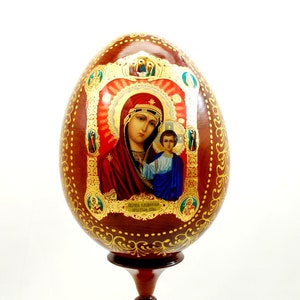 Orthodox wooden easter egg / Mother of God of Kazan / Art gift / Gold leaf / Handmade / Collectible piece / Full-color gold and silver/ Icon
