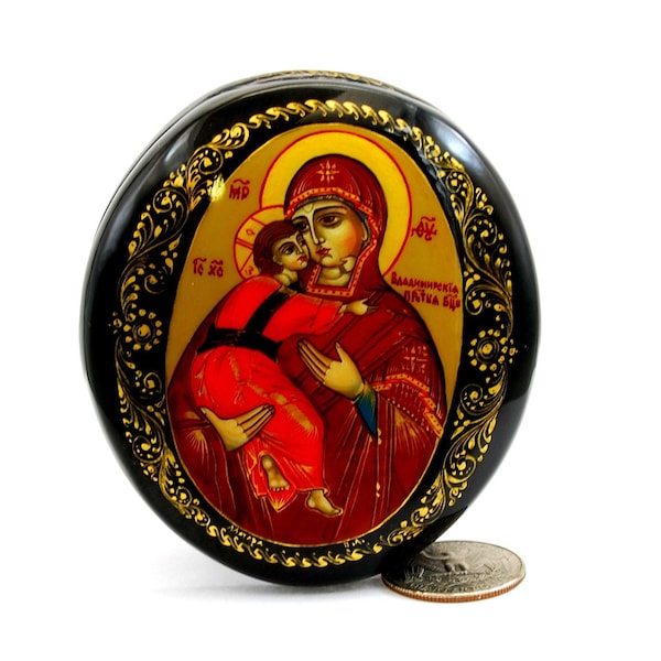 Lacguer religious box / Russian Orthodox icon / Mother of God / Miniature painting / Collectible piece / Jewelry box/ Hand painted/ Art gift