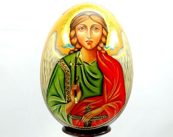 Orthodox wooden easter egg / Holy Guardian Angel / Collectible piece / Oil paint / Art gift / 24k gold paint / Gold leaf / Hand painted