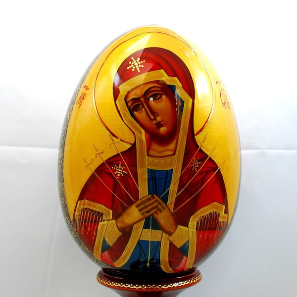 Orthodox wooden easter egg / Mother of God Seven Arrows / Collectible piece / Art gift/ Oil paint / 24k gold paint / Gold leaf/ Hand painted