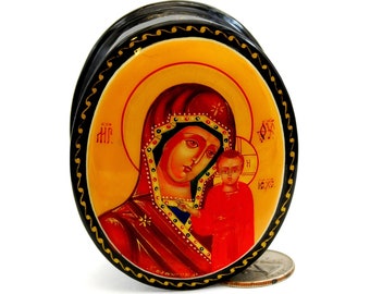 Miniature painting Lacguer religious box Collectible piece Mother of God Russian Orthodox icon Jewelry box/ Hand painted/ Art gift
