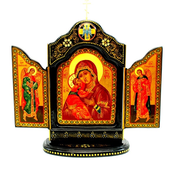 Orthodox triptych icon / Mother of God - Vladimirskaya / The triptych is hand-painted / For home decor /Oil paint / Art gift /24k gold paint