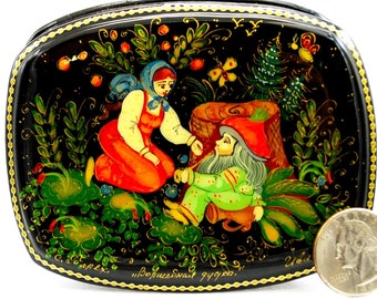 Jewelry lacguer box / Art style / Miniature / Motive story,- Russian fairy tale / For home decor/ Hand painted/ Collectible piece/ Oil paint