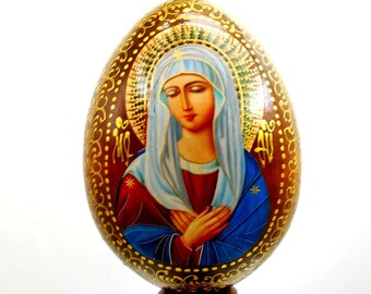 Huevo de Pascua de madera ortodoxo / Icono ortodoxo / Madre de Dios / Regalo de arte / Pan de oro / Hecho a mano / Pieza coleccionable / Oro y plata a todo color