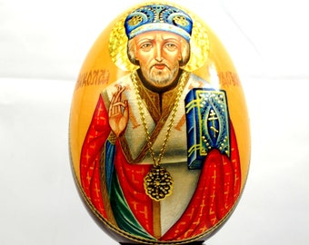 Huevo de Pascua ortodoxo de madera / San Nicolás el Taumaturgo / Pieza coleccionable / Pintura al óleo / Arte / Pintura de oro de 24 k / Pan de oro / Pintado a mano