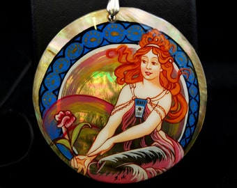 Pearly Pendant / Masterpieces Alphons Mucha / Copy of the Painting / Hand painted/ Sea shell/ Art nouveau/ Collectible/ Art jewelry/ For her