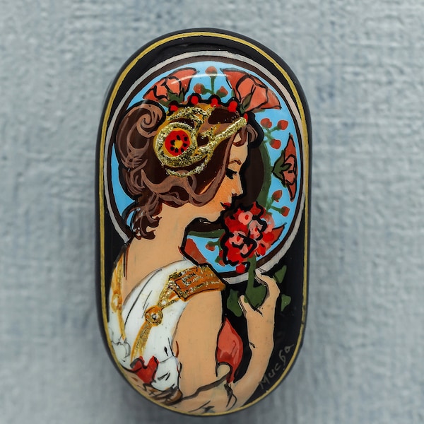 Alphons Mucha "Carnation" Lacquer Box Art Style | Copy of the Painting | Miniature Painting | Nouveau| Exclusive Gift | For Home Decor | Oil
