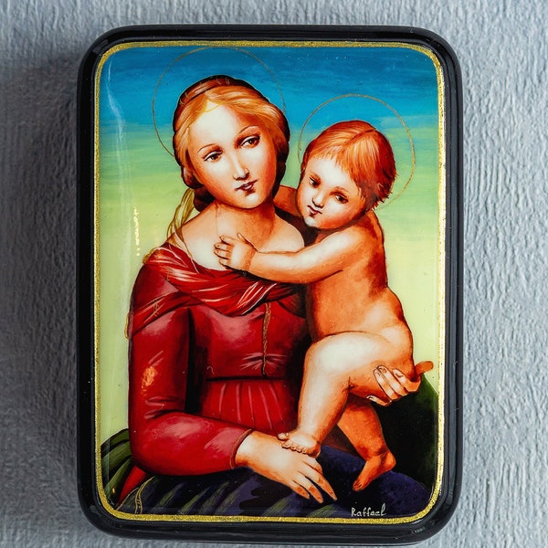 Lacguer box art style / Copy of the painting Raphael / Small Cowper Madonna / Miniature painting /Fedoskino /For home decor / Handmade / Oil