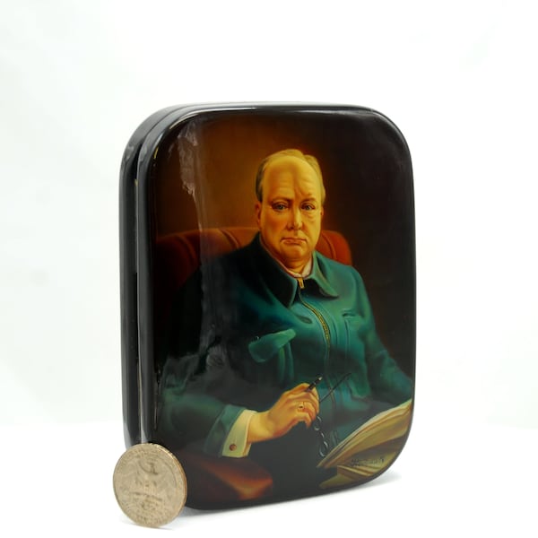 Stylish lacquer box / Art  style / Miniature/ Copy of the painting Winston Churchill / For home decor/ Handmade/ Collectible piece/Oil paint