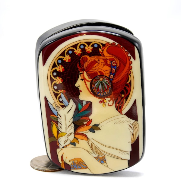 Boîte Art Nouveau / Style Art / Miniature / Copie Alphons Mucha / Plume / Pour la décoration intérieure / Peint à la main / Pièce de collection / Peinture à l’huile / Cadeau d’art