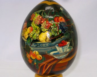 Exclusive wooden easter egg / Reproduction Jan Fyt-Freyt / Fruit and parrot / Collectible piece / Oil paint / For Home Decor / Art gift