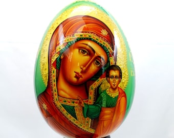 Orthodox wooden easter egg / Mother of God of Kazan / Collectible item / Oil paint / Art gift / 24k gold paint / Gold leaf / Hand painted