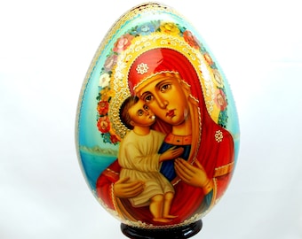 Orthodox wooden easter egg / Mother of God - Zhirovitskaya / Collectible item / Oil paint / Gift / 24k gold paint / Gold leaf / Hand painted