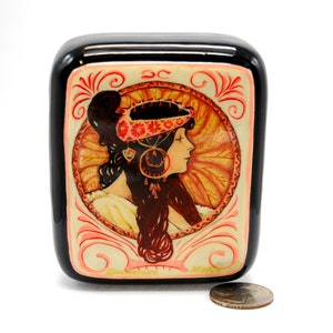 Box Art Nouveau / Art style / Miniature / Copy Alphons Mucha / Brunette / For home decor/ Hand painted/Collectible piece/ Oil paint/Art gift