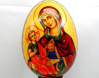 Orthodox wooden easter egg / Mother of God KERKIRSKAYA / Collectible piece / Oil paint / Art gift/ 24k gold paint / Gold leaf / Hand painted