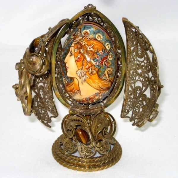 Style Faberge / Filigree easter egg / Silverplated copper/ Egg handmade / Reproduction Alphonse Mucha / Zodiac / Collectible piece / Nouveau