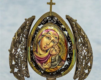Style Faberge / Filigree easter egg / Silverplated copper / Egg handmade / Copy Iverskaya  Mother of God / Collectible piece/ Oil paint/ Art