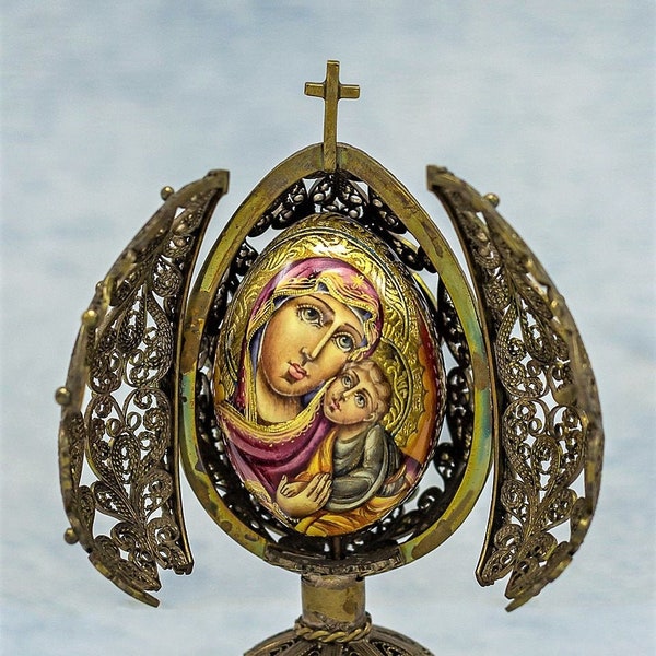 Style Faberge / Filigree easter egg / Silverplated copper / Egg handmade / Copy Iverskaya  Mother of God / Collectible piece/ Oil paint/ Art