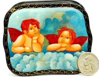 Stylish lacquer box / Art style / Miniature / Copy Raphael / Cherubims Raphael / For home decor / Hand painted/ Collectible piece/ Oil paint