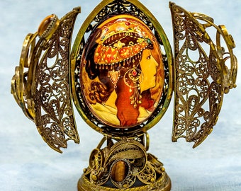 Style Faberge / Filigree easter egg / Silverplated copper / Egg handmade / Reproduction Alphonse Mucha / The Brunette / Collectible piece.