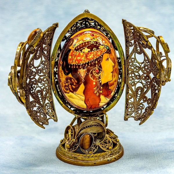 Style Faberge / Filigree easter egg / Silverplated copper / Egg handmade / Reproduction Alphonse Mucha / The Brunette / Collectible piece.