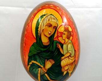 Orthodox wooden easter egg / Mother of God -Tikhvinskaja / Collectible piece / Oil paint / Art gift/ 24k gold paint/ Gold leaf/ Hand painted