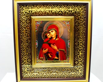 Orthodox icoon / Land van herkomst - R.Tsjechisch / Maagd van Vladimir / Full-color dubbele reliëf / Verguld gips / Voor woondecoratie / Cadeau