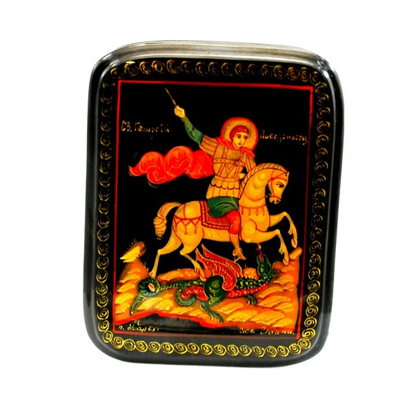 Lacguer religious box / Russian Orthodox icon / Saint George the Victorious / Miniature painting /Collectible piece /Hand painted/ Oil paint