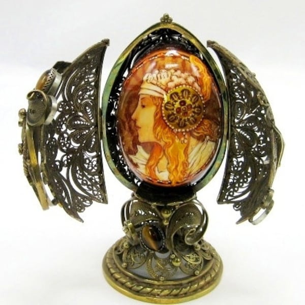 Style Faberge / Filigree easter egg / Silverplated copper/ Egg handmade/ Reproduction Alphonse Mucha / Blonde / Collectible piece / Nouveau