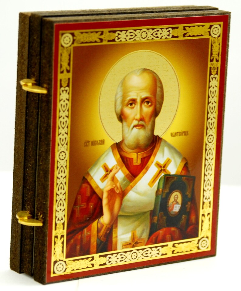 Orthodox icoon / Land van herkomst R.Tsjechisch / Drieluik icoon / Moeder van God, Verlosser, Nicolaas de Wonderwerker / Full colour reliëf / Cadeau afbeelding 9