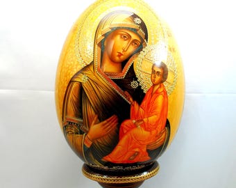 Orthodox wooden easter egg / Mother of God Tikhvinskaya / Collectible item / Oil paint / Art gift / 24k gold paint/ Gold leaf / Hand painted