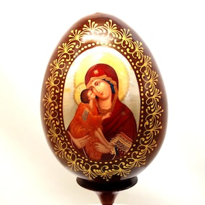 Huevo de Pascua ortodoxo de madera / Nuestra Señora del Don / Regalo artístico / Pan de oro / Hecho a mano / Artículo de colección / Todo color oro y plata / Icono