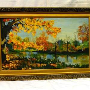 Pintura emoldurada / Artista - T. Sayupok / Lago de outono / Caixa / Tinta a óleo / Pintado à mão com pincel / Presente para um ente querido / Para decoração de casa