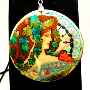 Pearly Pendant / Masterpieces Alphons Mucha / Copy of the Painting / Hand painted/ Sea shell/ Art nouveau/ Collectible/ Art jewelry/ For her