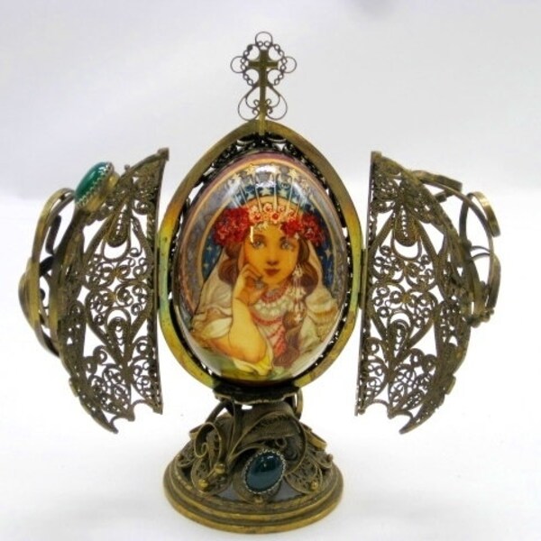 Style Faberge / Filigree easter egg / Silverplated copper/ Egg handmade/ Reproduction Alphonse Mucha /  Princess Hyacinth /Collectible piece