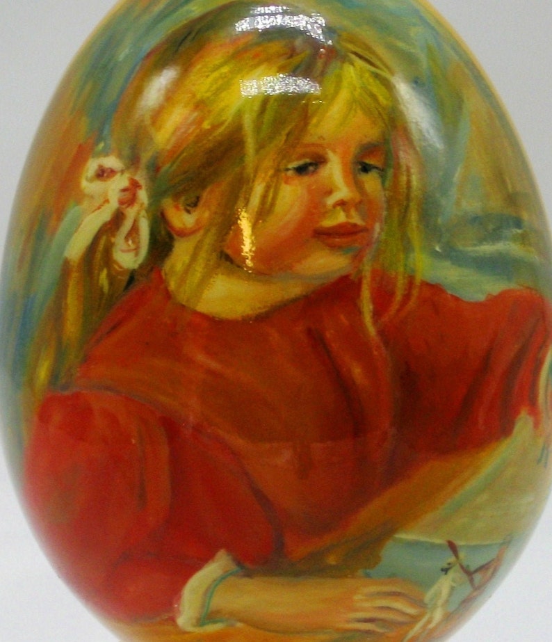 Exclusive wooden easter egg / Reproduction Claude Renoir / Playing /Coco / Collectible piece /Oil paint /For Home Decor /Art gift /Art deco image 2