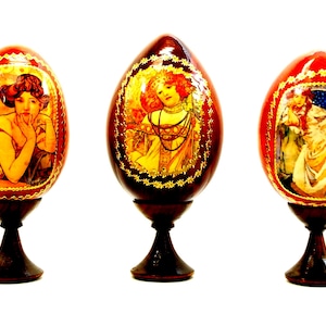 Set easter eggs / 3 pcs / Masterpieces by Alphonse Mucha / Art gift / Gold leaf / Handmade / Collectible item / Easter eggs on hard wood eco