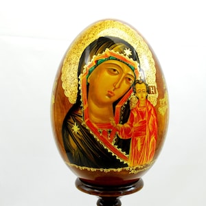 Orthodox wooden easter egg / Mother of God of Kazan / Collectible piece / Oil paint / Art gift / 24k gold paint / Gold leaf / Hand painted