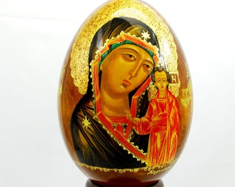 Orthodox wooden easter egg / Mother of God of Kazan / Collectible item / Oil paint / Art gift / 24k gold paint / Gold leaf / Hand painted